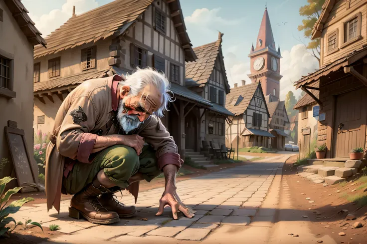 an old man on his knees looking for something on the ground in the middle of a village (fantasy)