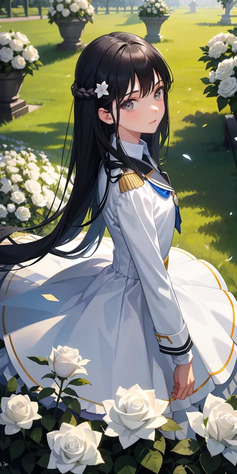 1girl, with light glowing, sidelighting,（tmasterpiece，best qualtiy），Commanders uniform，teens girl，Long black hair and silver-gray eyes，Stand on the lawn of white rose bushes，Side face turned to look at me，Top angle of view