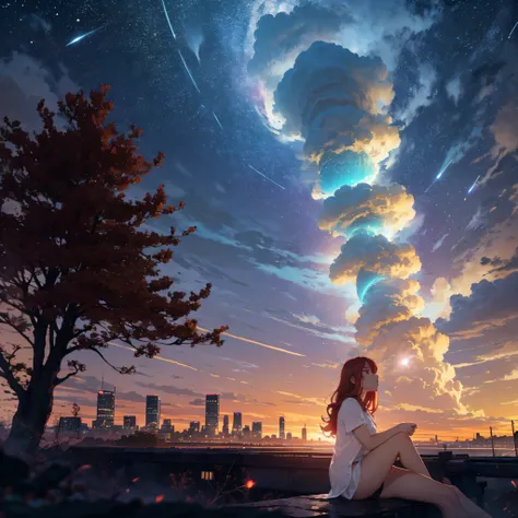 octans, sky, star (sky), scenery, starry sky, night, 1girl, night sky, solo, outdoors, building, cloud, comets, milky way, sitting, tree, long red hair, white shirt, golden eyes, black panties, sexy, city, silhouette, cityscape, amazing.