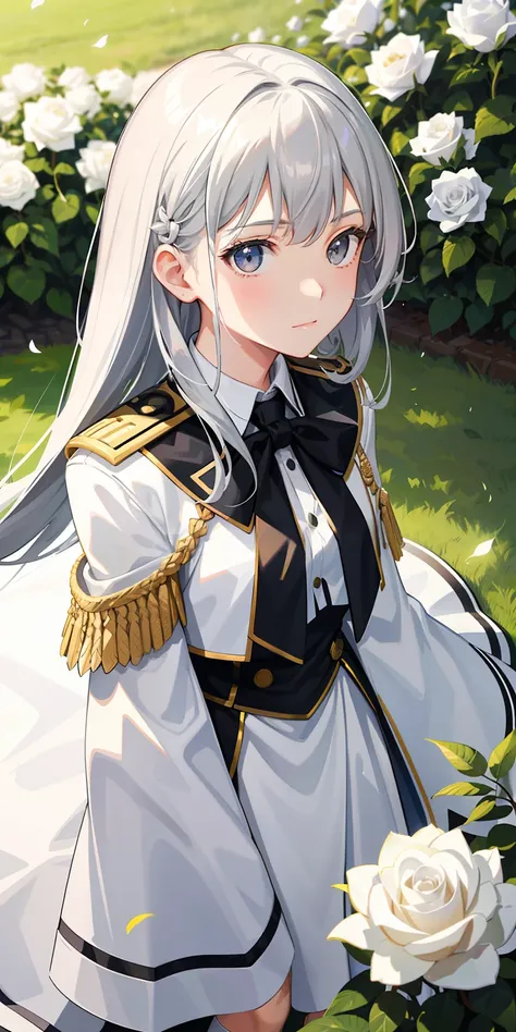 1girl, with light glowing, sidelighting,（tmasterpiece，best qualtiy），Commanders uniform，teens girl，Long black hair and silver-gray eyes，Stand on the lawn of white rose bushes，Side face turned to look at me，Top angle of view