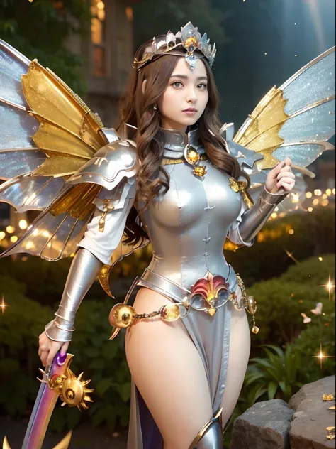 (masutepiece), Professional , ​masterpiece、top-quality、photos realistic , depth of fields （Gemstone Silver Metal Body:1.９),(Matte Silver、Jewel Gold Weapon、（Gorgeous castle background）、（ultimate beauty girl）、（Rainbow fairy wings grow）、（Jewel Metal Body:1.９)...