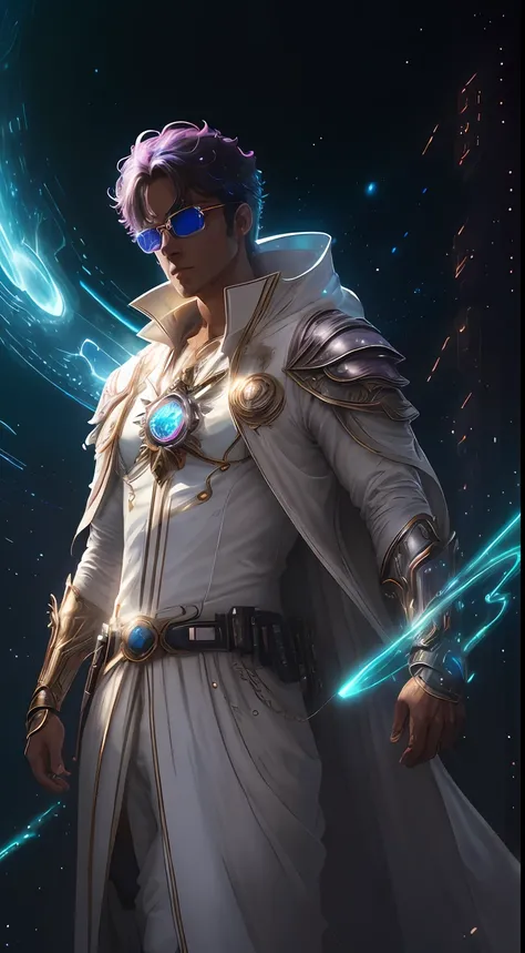 (8k), Ultra resolution 8K, Stunning illustration of a splendid celestial, Galactic Splintering, Ethereal hero , Warrior Prince,, gafas cyberpunk, Cosmic glasses, (Time machine in your hand: 1.7), Flowing luminous white tunic suit , esplorador celestial sal...