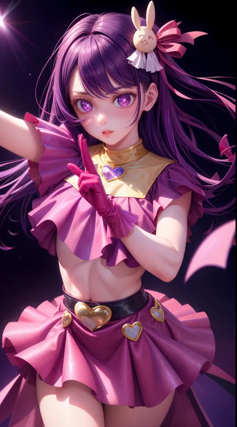 realistic, 1girl, purple hair, purple eyes, star-shaped pupils, idol outfit, skirt, parted lips, blush, stage light background, red gloves, hair ornament, perfect limbs, perfect hands, perfect fingers