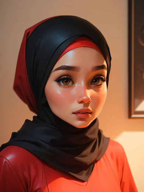 a close up of a woman wearing a red shirt and a headscarf, hijab, inspired by Naza, inspired by Nazmi Ziya Guran, girl portrait, inspired by Fathi Hassan, inspired by JoWOnder, mid shot portrait, inspired by Mym Tuma, with cute - fine - face, shiny skin, b...