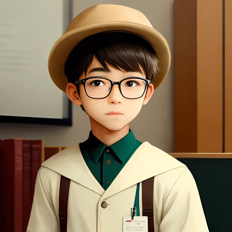 schoolboy，Not tall，wears glasses，Personality introvert，Xueba