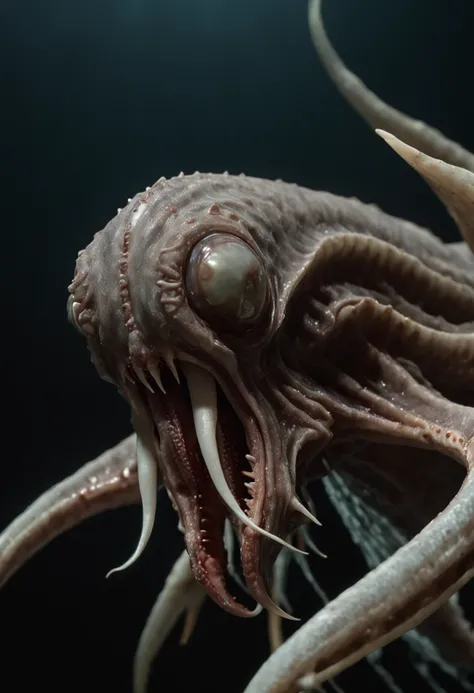 8K, Super detail, ccurate, Best quality, Masterpiece, Super detail, High details, High quality, Best quality, A high resolution
，nigth，darkly，raiden，Cthulhu,Monster,Fish,tentaculata，The whole body is the eyeball，Black seawater，Recife，swell sea