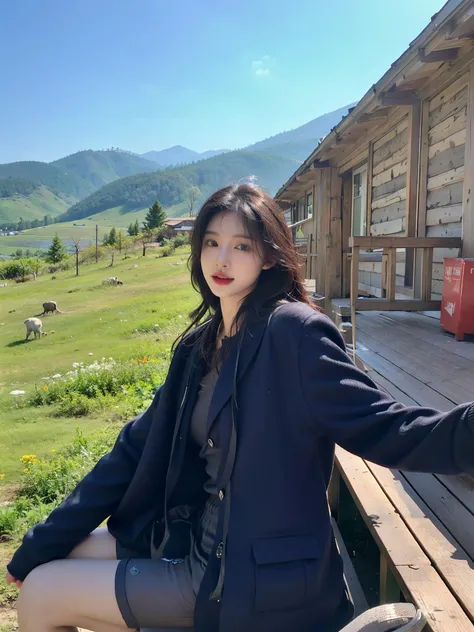 woman sitting on a bench in front of a wooden house, 8k)), bae suzy, jaeyeon nam, xintong chen, on a sunny day, shin jinying, pe...