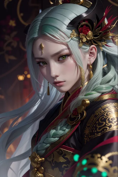 tmasterpiece，delicated，shoun，long  white hair，Hair has green dye，Golden pupils，The eyes are like snakes，Wearing white Hanfu，There are green patterns on the clothes，He wears a gold bracelet on his hand，The bracelet is in the shape of a snake，