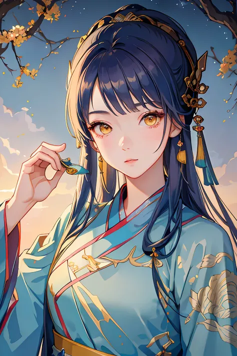 Masterpiece, Professional lighting, photon maping, Radio City, Physically-based rendering,1girll, full bodyesbian,absurderes, A high resolution, skylines, Beautiful detailed sky, Covered ,(Hanfu, Ming style),Yellow eyes,