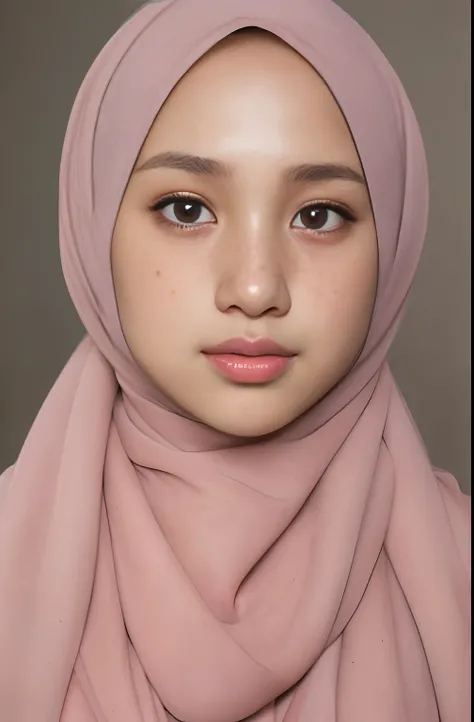 a photo portrait of a beautiful malay girl with hijab and few freckles, (plain pastel pink hijab), (medium shot portrait:1.3), dramatic light , Rembrandt lighting scheme, (hyperrealism:1.2), (8K UHD:1.2), (photorealistic:1.2), shot with Canon EOS 5D Mark I...