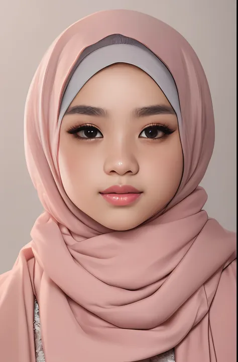 a photo portrait of a beautiful malay girl with hijab and few freckles, (plain pastel pink hijab), (medium shot portrait:1.3), d...