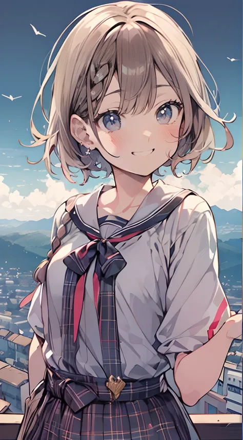 masutepiece, Best Quality,Illustration, Wallpaper, Ultra Detail, Absurd beauty, 1beautiful girl、(Medium short hair、short braided hair), Beautiful ultra-detailed eyes 、student clothes、A refreshing smile、Smaller head、(a panoramic view:1.5)