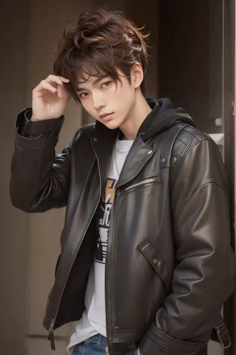 autumnal/Hair catalog magazine portrait of 20 year old Japan male idol in winter casual style. Wearing Zaras black leather jacket, Gray hoodie, dark jeans, Dr. Black boots. Martens, And leather bracelets. The appearance is soft and fashionable. （Autumn hai...