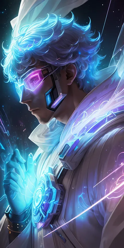 (8k), 8K Ultra Resolution, Stunning Illustration of a Splendid Celestial, Galactic Fragmentation, Ethereal Hero, Warrior Prince, (Cyberpunk Transparent Mask: 1.3), Cosmic Glasses (Time Machine in Your Hand: 1.7), Flowing Luminous White Robe , celestial exp...