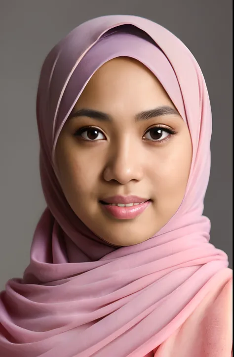 a photo portrait of a beautiful malay girl with hijab and few freckles, (plain pastel pink hijab), (medium shot portrait:1.3), dramatic light , Rembrandt lighting scheme, (hyperrealism:1.2), (8K UHD:1.2), (photorealistic:1.2), shot with Canon EOS 5D Mark I...