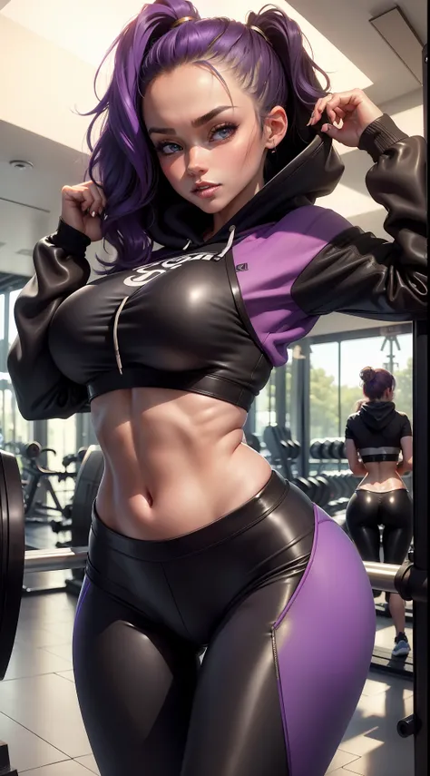 8k, highres, ultra detailed, (masterpiece:1.4), best quality, symmetrical body, a beautiful 18 year old girl, (gym bra, cropped hoodie and leather leggins:1.5), full body shot, cute, solo, (medium length hair:1.4), purple hair, blue eyes, glow effect, fine...