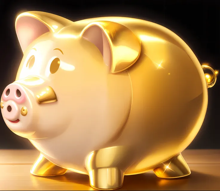 Close-up of piggy bank with gold coins, piggy, money, gold, gold coins, coin, cash, fortune, With many gold coins, NFT, 8k