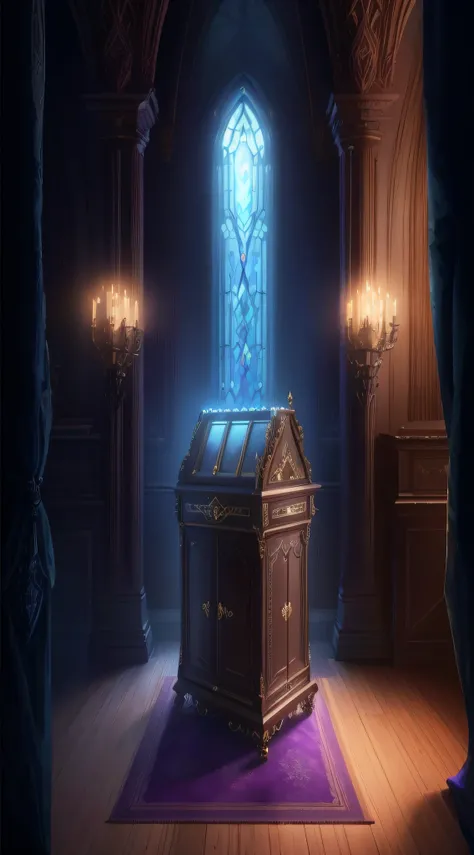 A large box was placed in a room covered with purple carpet, Artstation contest winner, Gothic epic library concept, Fantasy Victorian art, Fantasy art Behance, gothic epic library, concept art magical highlight, as seen on artstation, loot box, arte de fu...