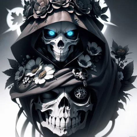 caveira e flores, hooded skull, usando um capuz e flores, sacred skull, fantasy skull, Skull image, skull bones flowers, sacred skulls, Tinta de caveira, morphing skulls, highly detailed and hypnotic, whole body view, skull face, death skull, half skull fa...