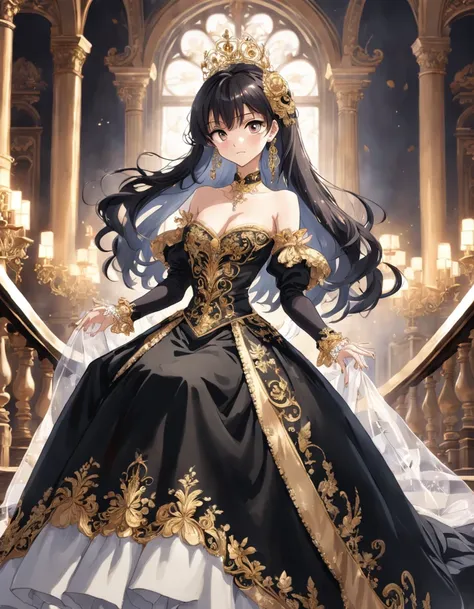 ((anime artstyle)),(Masterpiece),(Best Quality),(Super Detail),(Very Delicate and Beautiful),Solo,(((full body))),from above,BlingBling,(standing in the royal palace),((1 arrogant princess in beautiful embroidery black and gold gorgeous rococo ballgown wit...