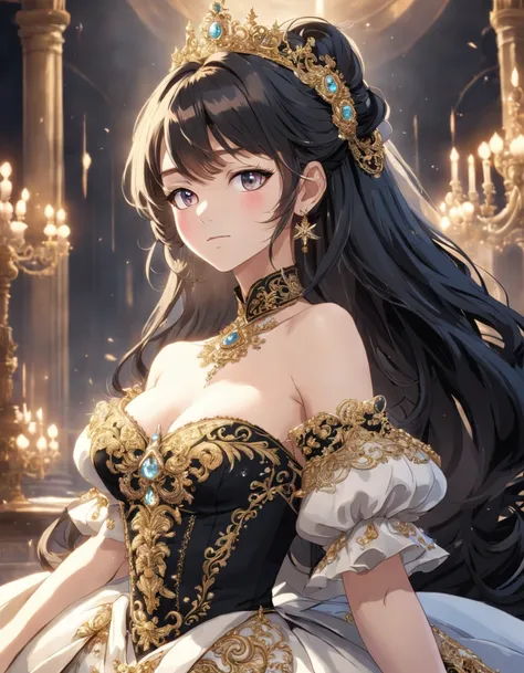 ((anime artstyle)),(Masterpiece),(Best Quality),(Super Detail),(Very Delicate and Beautiful),Solo,(((full body))),from above,BlingBling,(standing in the royal palace),((1 arrogant princess in beautiful embroidery black and gold gorgeous rococo ballgown wit...