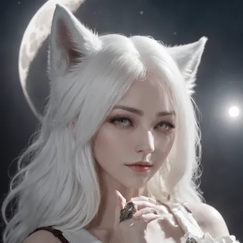 Anime character with white hair and white wolf before the full moon, fantasy fox love, White-haired fox, white fox anime, Anime fantasy illustration, White fox, art of silverfox,Best quality, Masterpiece, 超高分辨率, (photograph realistic:1.4), ultra-realistic ...