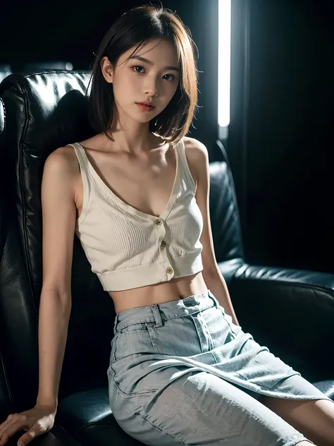 ((smallunderboob,Tomboyish,small heads)), (Well-defined abs: 1.1), (perfect bodies: 1.1), (short-length straighthair: 1.2), Black hair,Wearing glasses， fully body photo, Wearing a light gray vest，White cardigan，Off-white long skirt slit skirt，（极其细致的CG 8k壁纸...