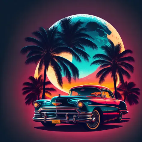 illustration logo style of a fancy classic car, full moon, palms , bright colors, high definition, fine details, pro vector