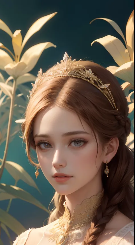 tmasterpiece，Highest high resolution，Dynamic bust of a beautiful royal maiden，Delicate brown-red braided hair，Clear  eyes，The hair is covered with beautiful and delicate floral craftsmanship, Crystal jewelry filigree，Ultra-detailed details，upscaled，softlig...