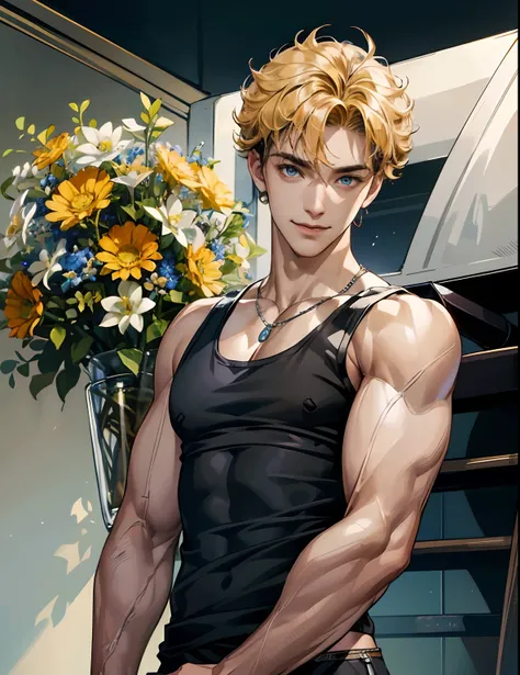 absurdres, highres, ultra detailed, HDR), masterpiece, best quality, 1boy, solo, 17 year, handsome, yellow curly hair, blue eyes and detailed face, ((wear tight black tank top, show both arms)), (white skin), upper body, muscular, smiling face, direct angl...