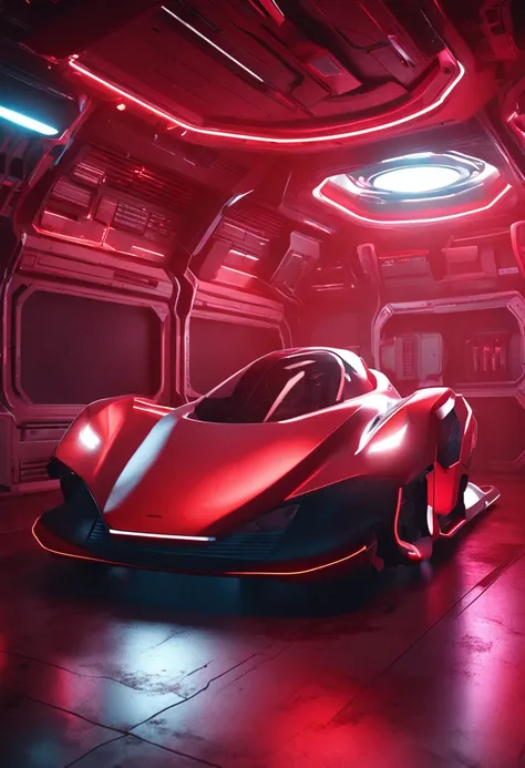 Red spacecraft with white and black, future-tech, glowing neon lights, Realistic details and vivid textures.