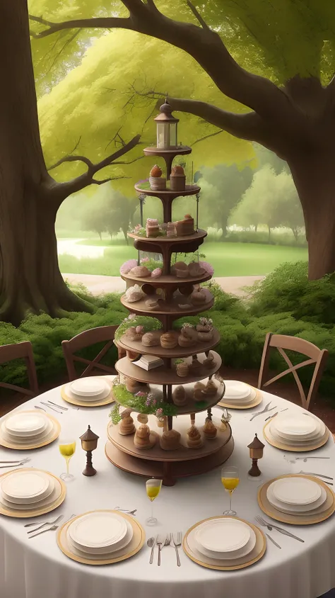 Round table, big tree and cake tower in the middle of the table, there are 3 small decorative clusters of flowers and candles