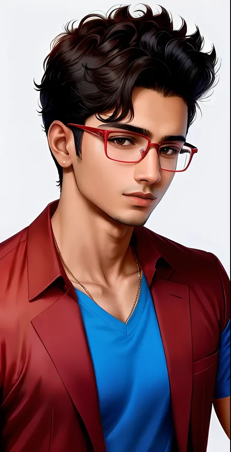 arafed man with glasses and a red and blue shirt, with accurate face, good looking face, mohamed chahin style, ayan nag, teenage boy, jayison devadas style, jayison devadas, with glasses, around 1 9 years old, cute young man, very very low quality picture,...