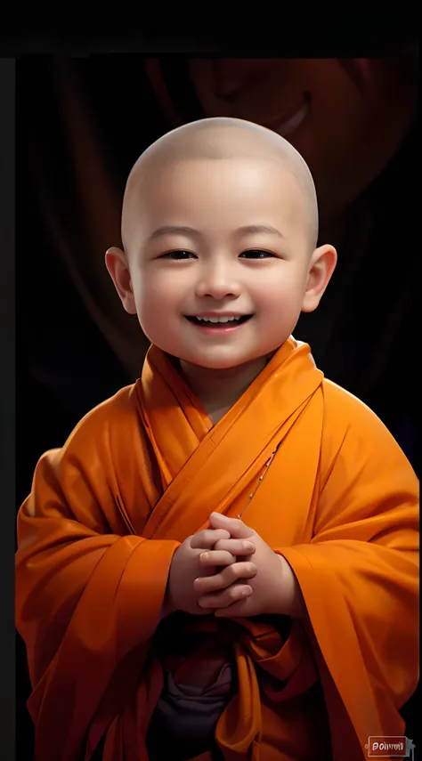 Close-up of a smiling child in a robe，Cute digital painting，Portrait of a Buddhist monk，Buddhist costumes，Happy and lively expression，Monk practice，Serenity smiles，Warm smile，Smiling。