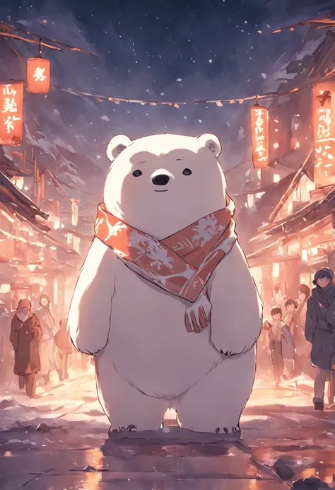 There is a cartoon polar bear wearing a scarf, a screenshot inspired by Ma Yuanyu, trending on reddit, mingei, komono, Polar bears, tian zi, 千 葉 雄 大, ƒ1.8, ƒ 1. 8, Middle metaverse