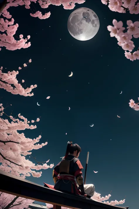 samurais、cherry blossoms falling、Moon Night、Looking up at the moon、posterior view