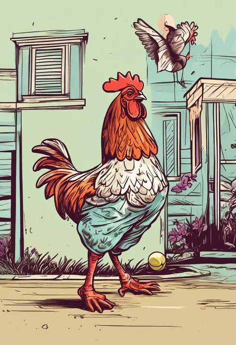 Chicken playing basketball in suspenders