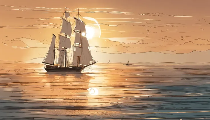 Heading towards the morning sun, the appearance of the sailing ship、Draw in the beautiful sea。 Sailing ship cuts gentle waves、While its white sails spread in the wind、Sailing in pursuit of the brightness of the rising sun。 The light of the morning sun spar...