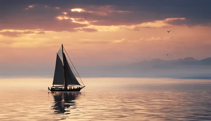 Heading towards the morning sun, the appearance of the sailing ship、Draw in the beautiful sea。 Sailing ship cuts gentle waves、While its white sails spread in the wind、Sailing in pursuit of the brightness of the rising sun。 The light of the morning sun spar...