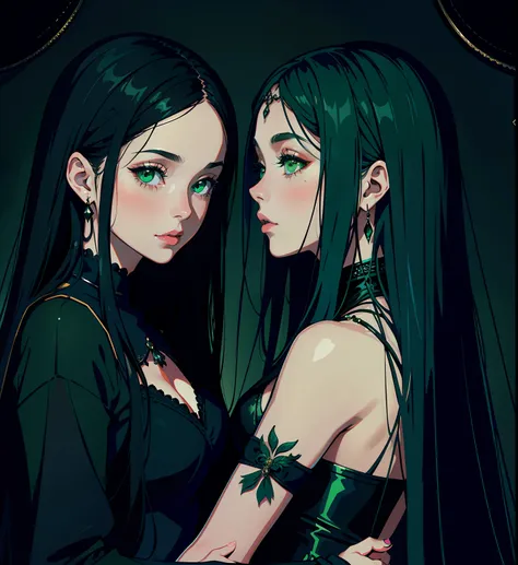 adesivo, fundo simples, portrait, 2 girls, couple, kissing, girl with long hair, beautiful gothic girl, gothic aesthetic, beautiful girl, very beautiful fantasy art, beautiful and elegant female gothic, beautiful detailed fantasy, black and green color pal...