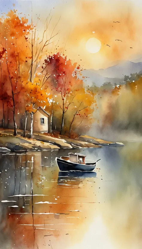 tmasterpiece, top-quality, high detal, Impresionismo, Autumn morning, Cruise along the lake in the morning mist, Foggy, ciinematic light,