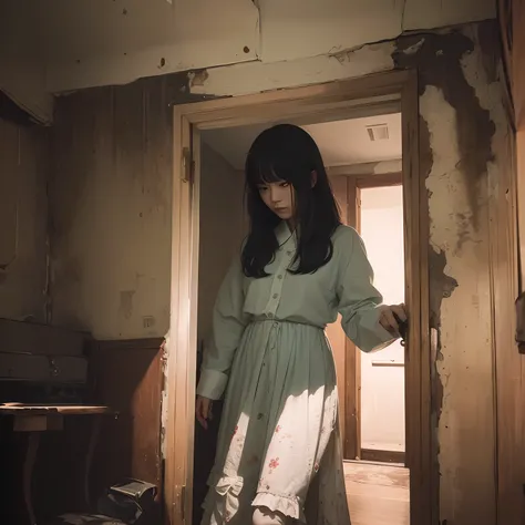 Photos of ghosts only Realistic teenage girl in Japan. photorealistic picture、In the dim light, The scope of claustrophobia in a small room in Tokyo, A ghostly presence appears, Consumed in the creepy world of horror games. Lurking in a desolate corner, En...