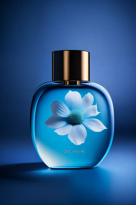 commerciaphotography, Minimalist, Odafoo perfume is surrounded by blue floral elements, In a soft-focus transactional style, Leica I,well-illuminated, larme kei, Transparency and brightness are the main perfumes, International brands, Depth of field, Blank...