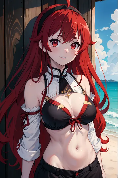 upper body, 1girl, Eris Greyrat, red hair, red eyes, ahoge, hairband, bikini, white bekini, outdoor, beach, clouds, sea, water, smile, close mouth, masterpiece, high detailed illustration, high detailed background, hi-res