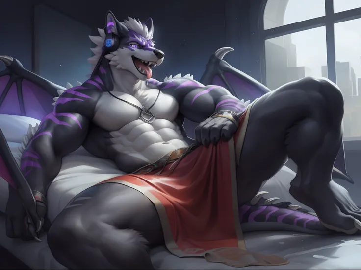 Solo, Male, (Muscular), sacrifices, (male anthro wolf):1.3, White flesh，nakeness，divinity，Wear white ear headphones，loincloth, (Kamimei):1.3, (komono:1.4) (DOA):1.23, Detailed eyes, lizard tail,A pair of dragon horns, A pair of dragon wings， Slim stature，(...