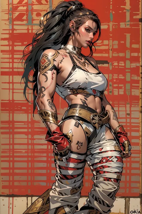 (((mulher))), (((melhor qualidade))), (((obra prima))), (((adulto))), Uma guerreira mulher de 35 anos com corpo perfeito, Gladiadores do Brooklyn, quase nua no estilo selvagem urbano de Simon Bisley para a capa da revista Heavy Metal, cabelos pretos com po...