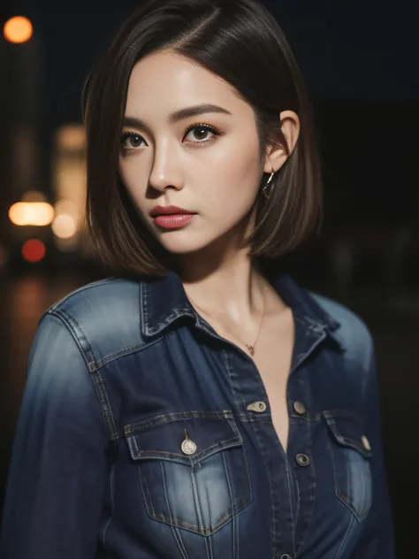 ((Best Quality, 8k, Best Masterpiece: 1.3, 8KRAW)), Woman One, Full Body, Perfect and Slender, Random Short Hair, (Blouse, Jeans: 1.1), Awesome, Super Detailed Face, Cool Woman, Cool Face, Detailed Lips, Detailed Eyes, Double Eyelids), Night City, Bright L...