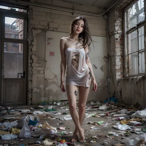 tmasterpiece，abandoned building，Garbage all over the ground，grimy，full-body portraits，Sexy standing pose，Slim legs，very beautiful long slim legs，The barefoot，Naked all over the body，full body exposed，exhibitionists，The body is exposed randomly