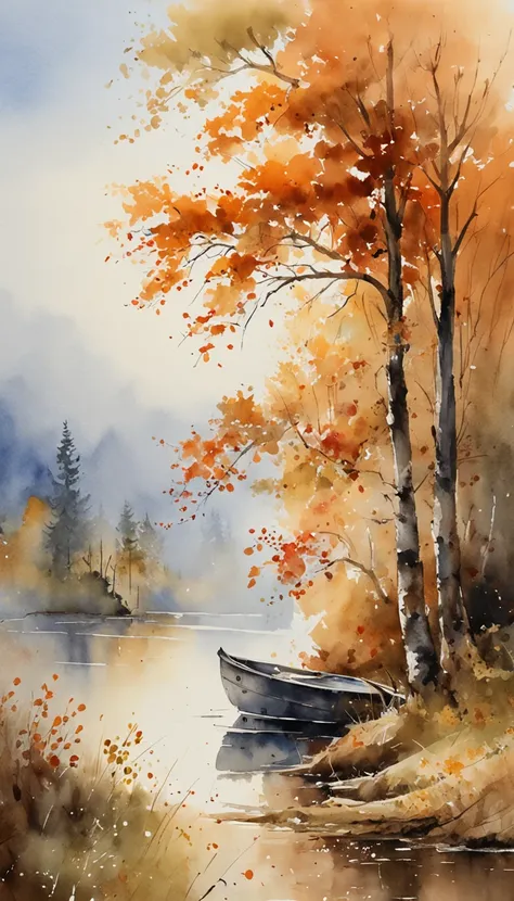 tmasterpiece, top-quality, high detal, Impresionismo, Autumn morning, Cruise along the lake in the morning mist, Foggy, ciinematic light,