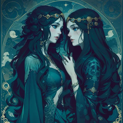 adesivo, fundo simples, portrait, 2 girls, couple, kissing, girl with long hair, beautiful hecate girl, hecate aesthetic, beautiful girl, very beautiful fantasy art, beautiful and elegant female hecate, beautiful detailed fantasy, black and blue color pala...